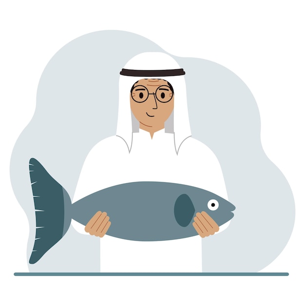 A arab male fisherman holds a large fish proud of good fishing or hunting Hobby fishing concept