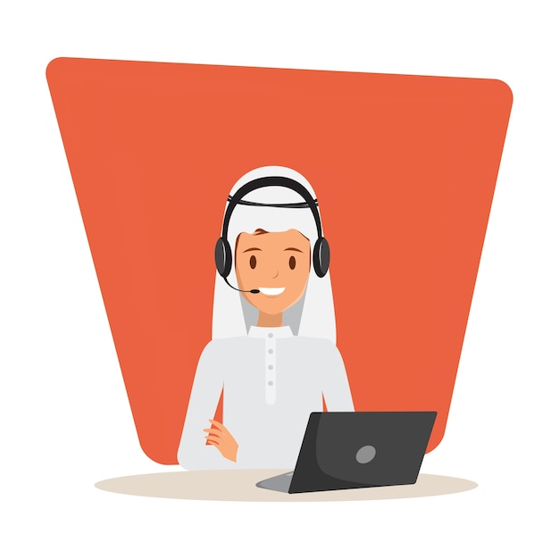 Vector arab man in call center and customer service character