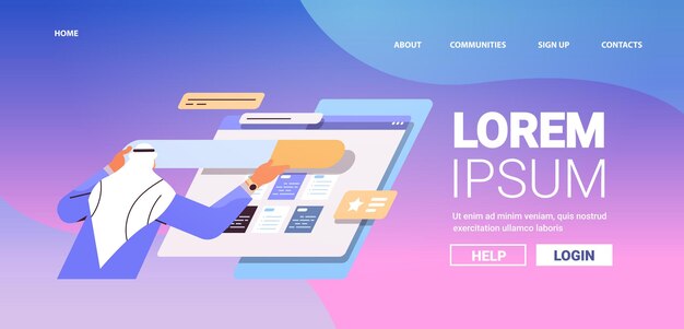 アラブ人開発者作成ウェブサイトuiインターフェースウェブアプリケーション開発プログラムソフトウェア最適化コンセプト水平ポートレートコピースペースベクトルイラスト