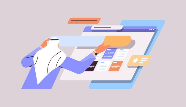 アラブ人の開発者がウェブサイトuiインターフェースを作成するウェブアプリケーション開発プログラムソフトウェア最適化の概念横向きの肖像画のベクトル図