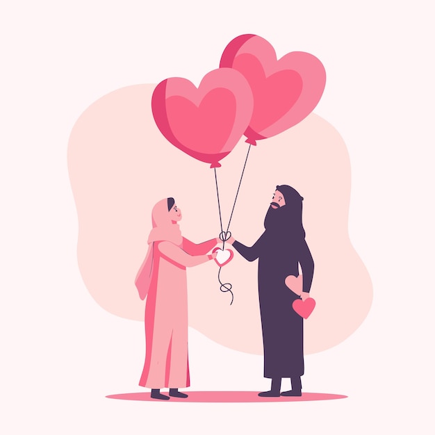 Vettore arab_man_giving_woman_pink_heart_shape_air