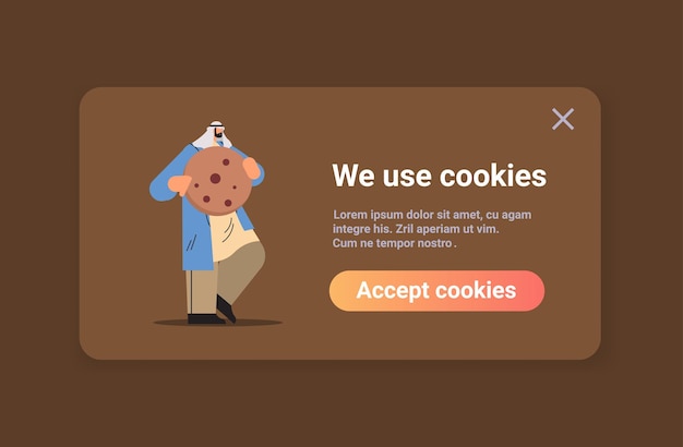 Uomo arabo in possesso di cookie protezione delle informazioni personali internet web pop-up usiamo la notifica della politica dei cookie