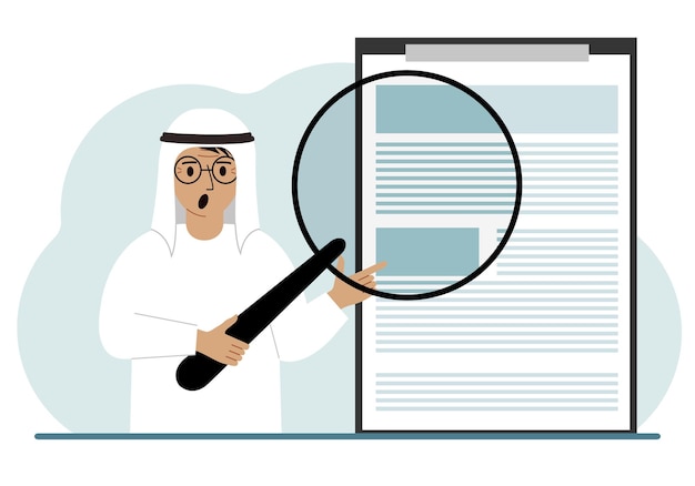 A arab man holds a magnifying glass and examines a document contract or agreement the concept of a lawyer businessman or attorney at work