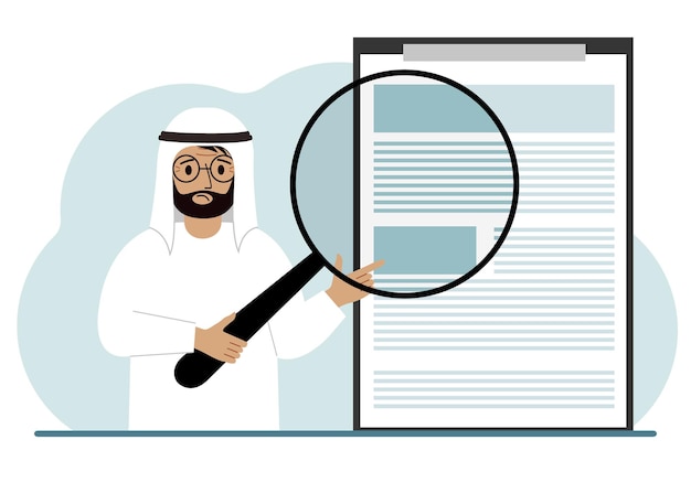 アラブ人が虫眼鏡を持って、文書の契約書または契約書を調べます。弁護士のビジネスマンまたは弁護士の概念
