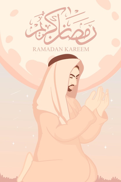 Arab man praying in ramadan with caligraphy ramadan kareem poster banner