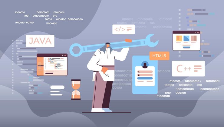 Vector arab man programmer holding wrench developer optimizes software engineering coding programming testing code concept horizontal full length vector illustration