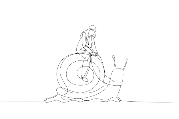 Arab man riding snail concept of slow business development