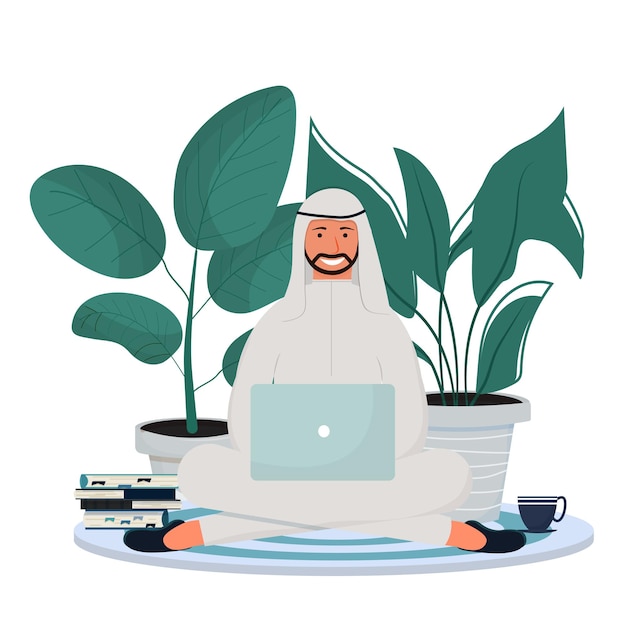 Arab man in traditional clothes sitting with laptop