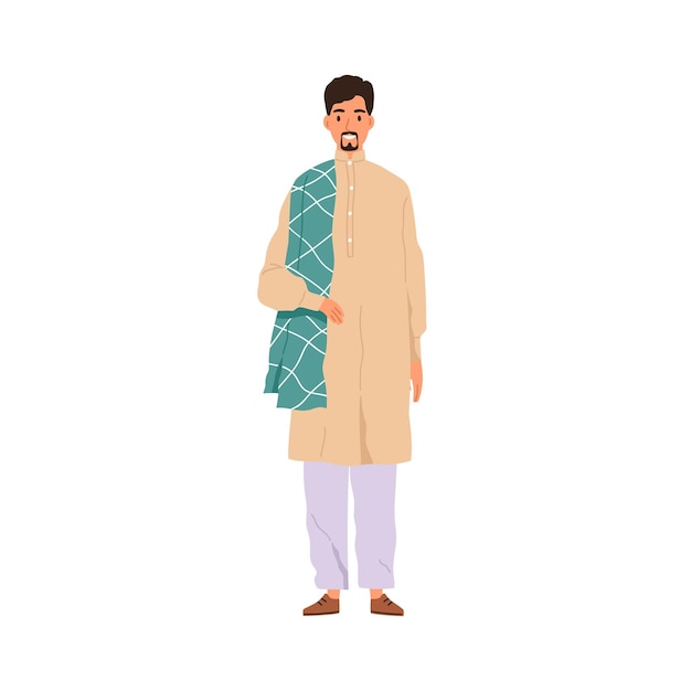 Arab man in traditional oriental outfit. Muslim person wearing eastern apparel. Happy Saudi Arabian portrait in modern tunic and trousers. Flat vector illustration isolated on white background