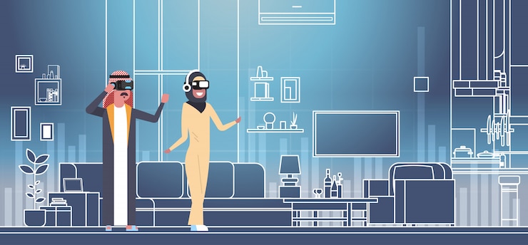 Vector arab man and woman wearing 3d glasses 