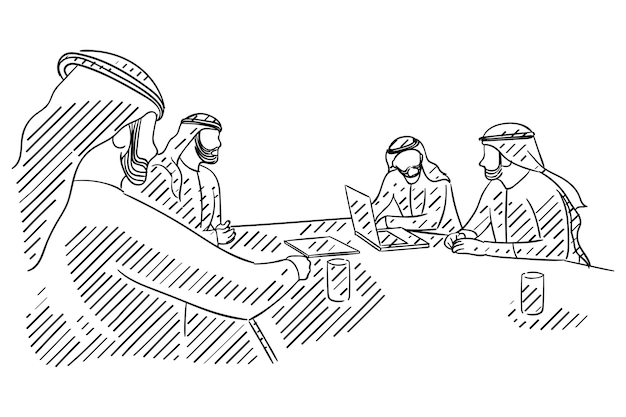 Vettore uomini arabi che fanno riunioni di lavoro concetto per la discussione di gruppo disegno vettoriale disegnato a mano