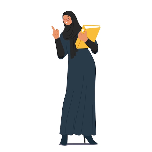 Arab Muslim Businesswoman Character Confidently Holds A Folder Exuding Professionalism Her Attire Reflects Cultural Values While Her Determined Demeanor Portrays Success Cartoon Vector Illustration