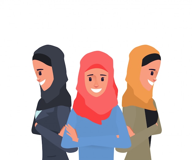 アラブ人やイスラム教徒がチームワークの女性キャラクターのポーズ力を発揮する。