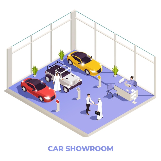 arab muslims saudi modern isometric people composition with view of car store with sellers and clients vector illustration
