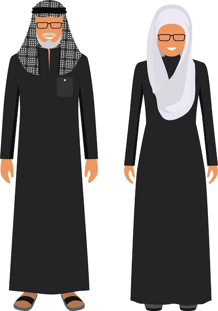 플랫 스타일의 전통 이슬람 아랍 옷을 입고 함께 서 있는 아랍 노인과 여성.