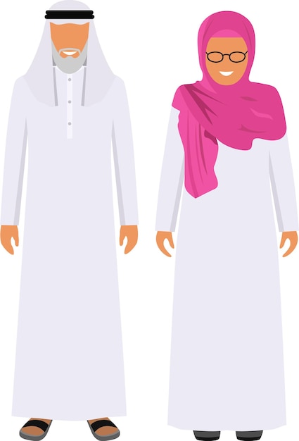 Arab Old Man and Woman Standing Together in Traditional Muslim Arabic Clothes in Flat Style.