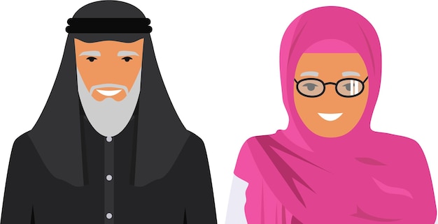 Vettore vecchio arabo e donna in abbigliamento arabo musulmano tradizionale in stile piatto. illustrazione vettoriale