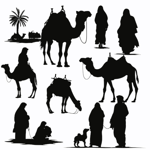 Вектор Арабские люди и верблюды силуэты вектора
