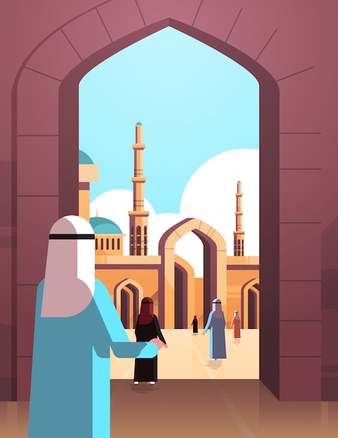 Vector arab people coming to nabawi mosque building muslim religion concept rear view arabic prayers in traditional clothes ramadan kareem holy month vertical flat