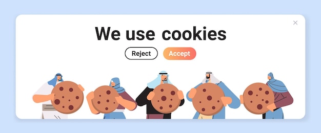 Vector arab people holding cookies protection of personal information internet web pop up we use cookie policy notification concept horizontal portrait vector illustration