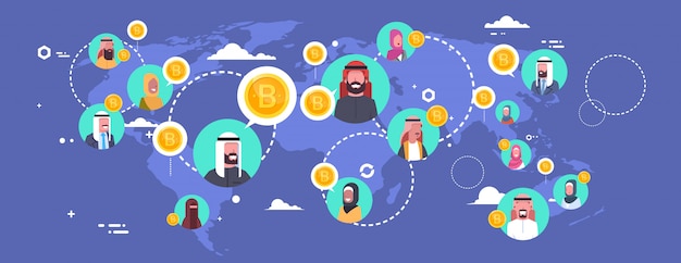 Арабские люди добывают биткойны на карте мира современная концепция криптовалюты в сети цифровых денег