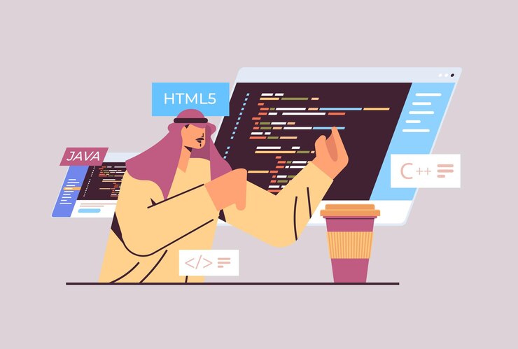 Vector arab programmer writing code for computer app engineering software coding programming