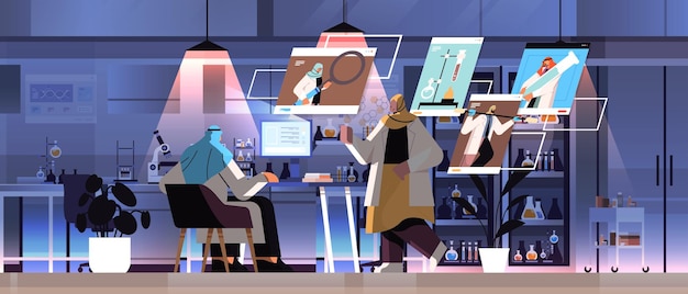 Vector arab researchers team making chemical experiments in laboratory and discussing during video call molecular engineering concept horizontal full length vector illustration