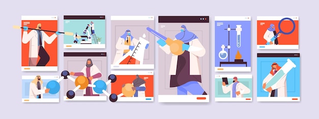 ウェブブラウザウィンドウで試験管を扱うアラビア語の研究者実験室で化学実験を行うアラビア語の科学者分子工学の概念水平ベクトル図