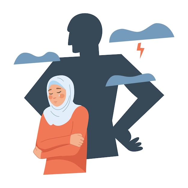 Arab violence sad scared muslim woman portrait with man bullying silhouette islamic religion law against young female harassment concept outcast girl in hijab vector illustration