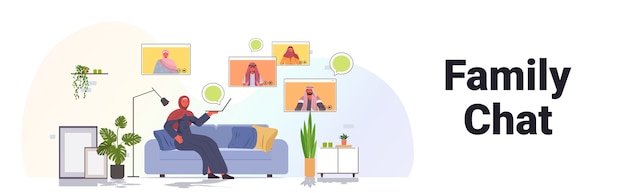 arab woman having virtual meeting with family members in web browser windows during video call online communication concept living room interior horizontal