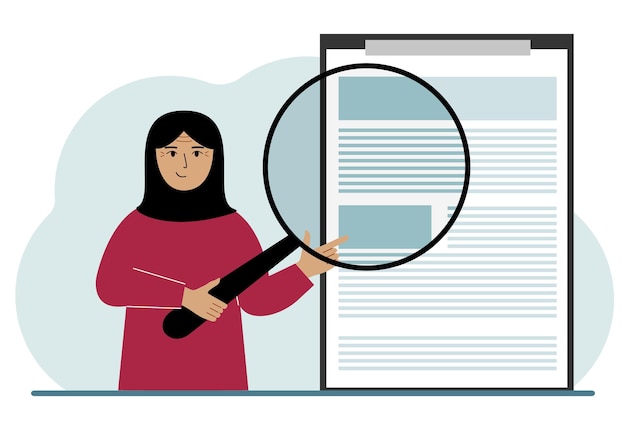 Vector a arab woman holds a magnifying glass and examines a document contract or agreement the concept of a lawyer businessman or attorney at work