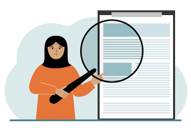 한 아랍 여성이 돋보기를 들고 직장에서 변호사 사업가 또는 변호사의 개념을 문서 계약이나 계약을 검토합니다