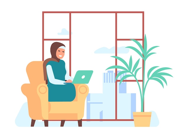 Arab woman sitting in armchair with laptop working from home Female Saudi character in hijab Arabian freelance manager Happy businesswoman in traditional Islam clothing Vector concept