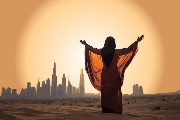 Arab woman in traditional dress with her hands up to the sun Vector illustration design