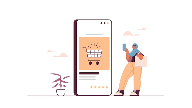 온라인 상점 판매 소비 온라인 쇼핑 전자 상거래 스마트 구매에서 물건을 구매하는 스마트 폰을 사용하는 아랍 여성