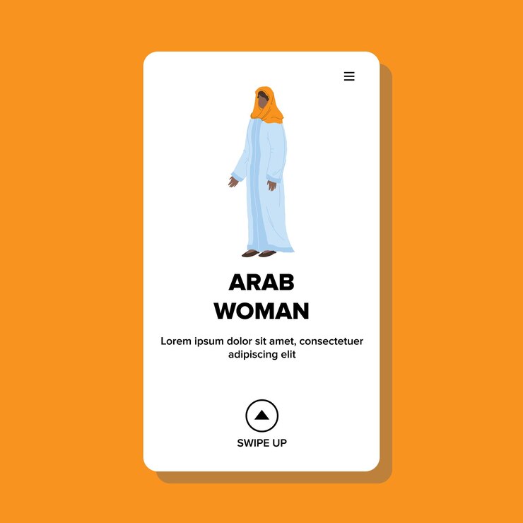 Vector hijab 문화 옷을 입고 아랍 여자 벡터입니다. 혼자 머물고있는 이슬람 전통 복장의 아랍 여성. 캐릭터 레이디 아라비아 스타일 의류, 이슬람 사람 웹 플랫 만화 일러스트 레이 션