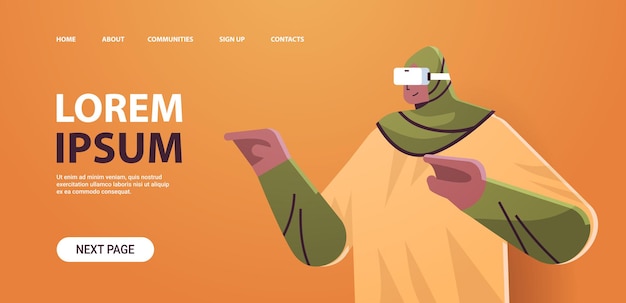 Vector arab woman wearing vr headset arabic girl in digital glasses exploring virtual reality interactive services horizontal portrait copy space vector illustration