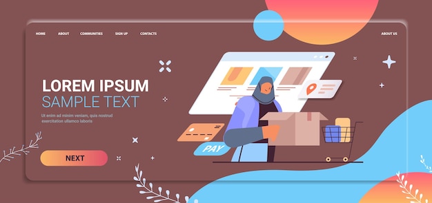 段ボール箱のアラブの女性注文商品高速配信サービスオンラインショッピングコンセプト縦縦コピースペース横ベクトルイラスト