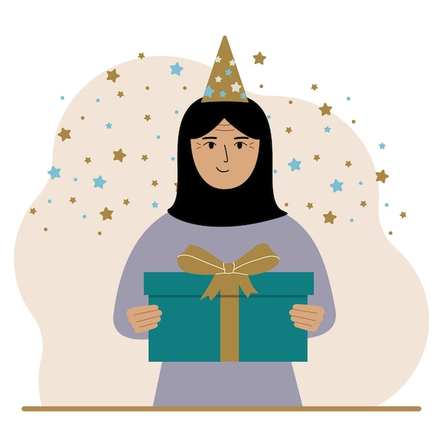 Арабка в праздничной кепке держит большую подарочную коробку с бантом