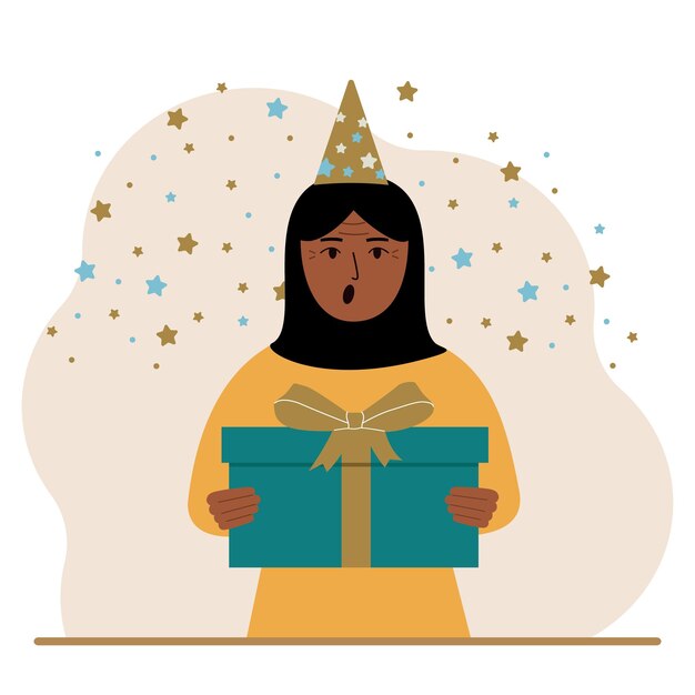 A arab woman with a festive cap holds a large gift box with a bow