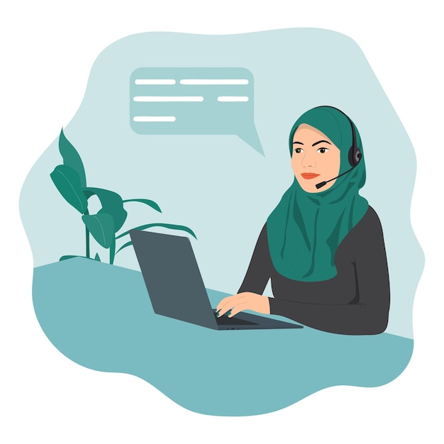 Vector arab woman with headphones and microphone with laptop