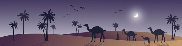 арабески паутина горизонтальный баннер верблюд и силуэт пальмы лунный свет ночь исламский фон