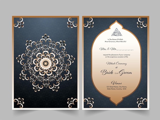 Vector arabesque wedding invitation cards in gray and golden color.