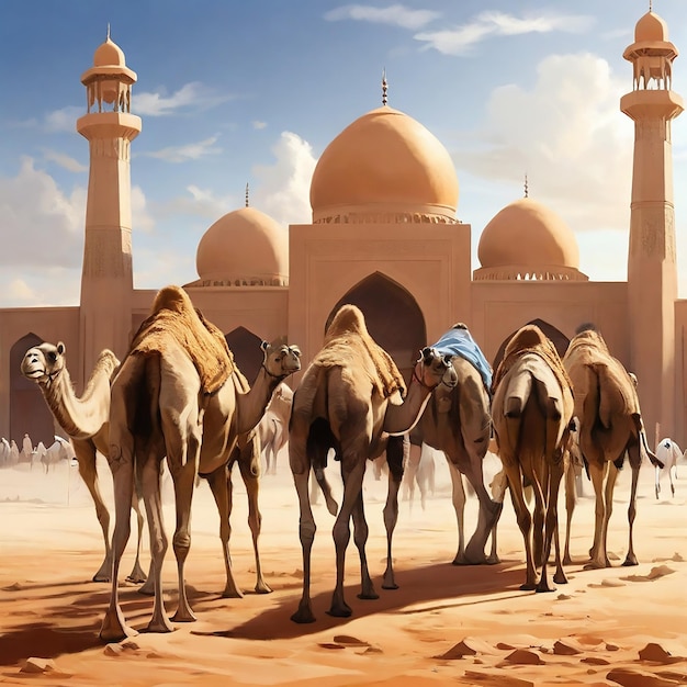 Arabia Sahara mosque A herd of camels Eid Mubarak