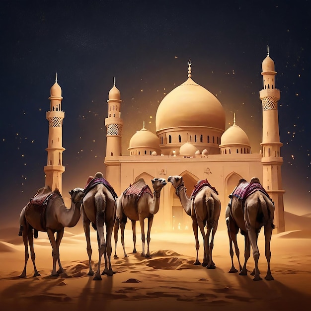 Arabia Sahara mosque A herd of camels Eid Mubarak