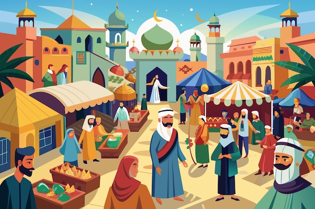 Vector arabian bazaar with bustling crowds