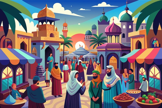 Vector arabian bazaar with bustling crowds