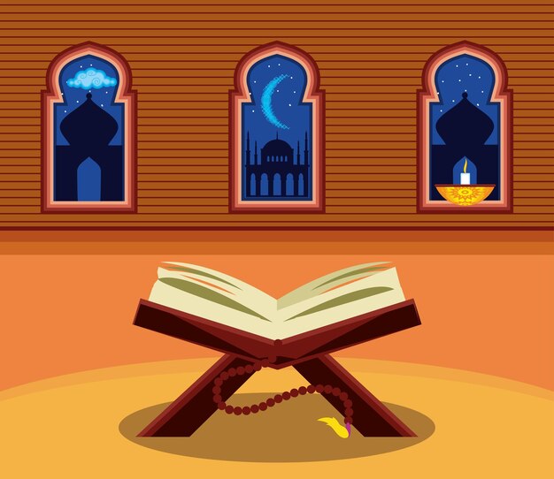 Vector arabian book candle light temple