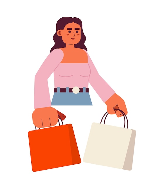 Vector arabian brunette with shopping bags semi flat color vector character buying stuff editable half body person on white simple cartoon spot illustration for web graphic design