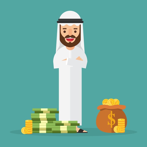 Arabian business man rich with a lot of money and gold